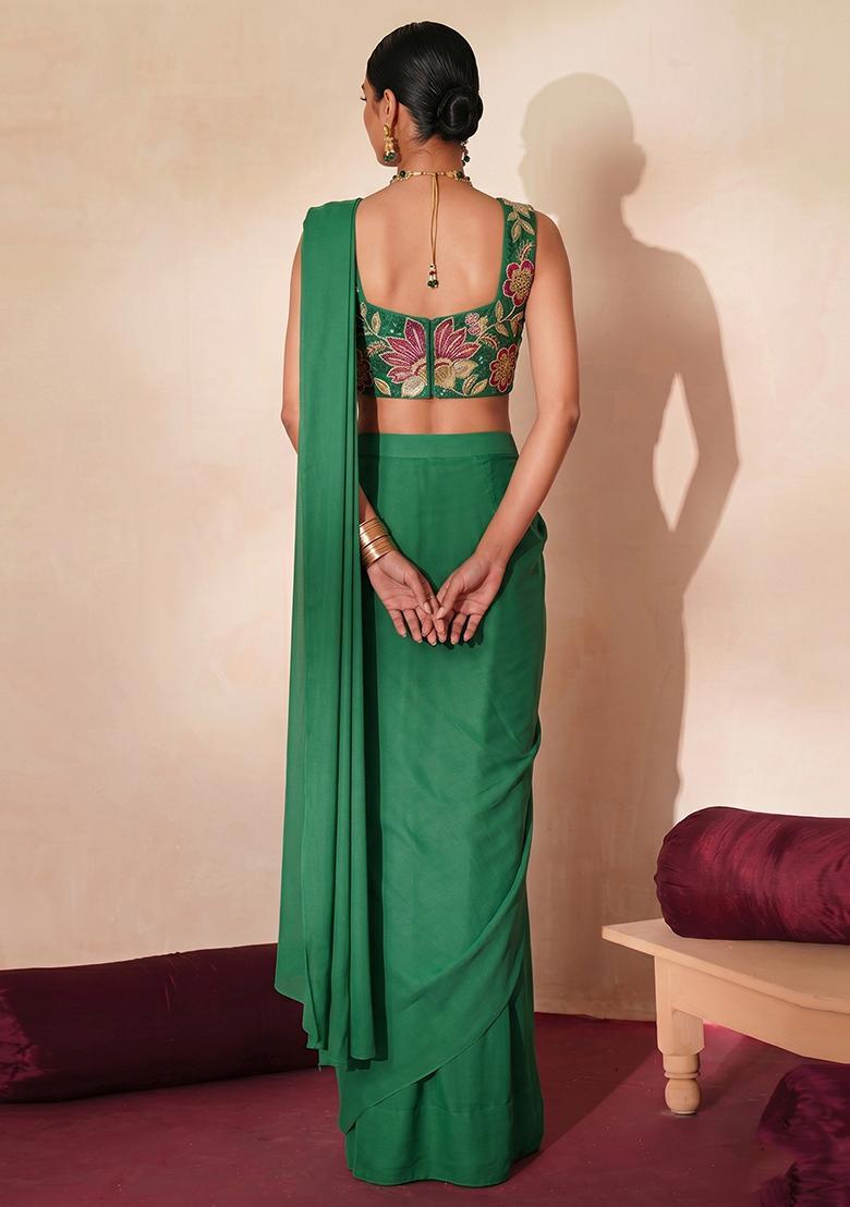 Bottle Green Embroidered Organza Pre Draped Saree Set - Indya