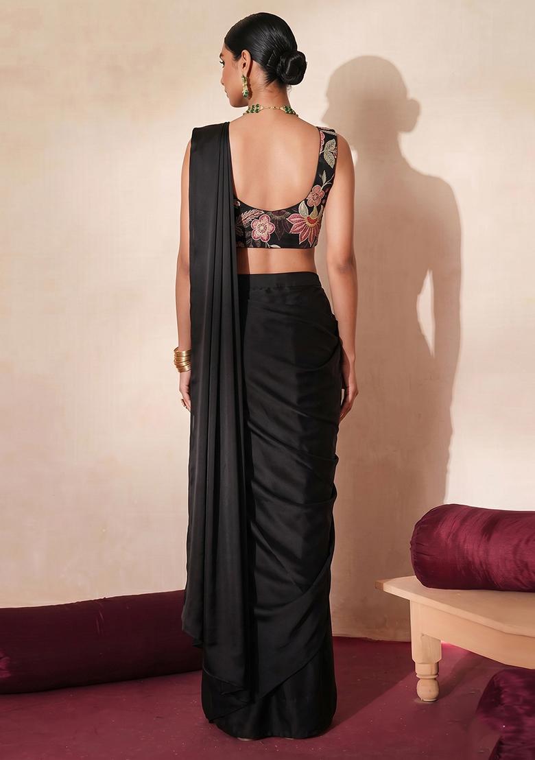 Black Embroidered Organza Pre Draped Saree Set - Indya