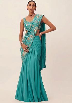Teal Green Embroidered Georgette Pre Draped Saree Set