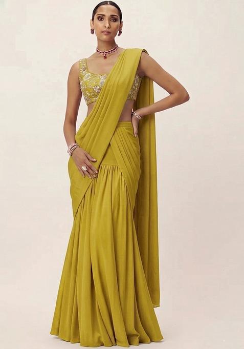 Mustard Embroidered Georgette Pre Draped Saree Set