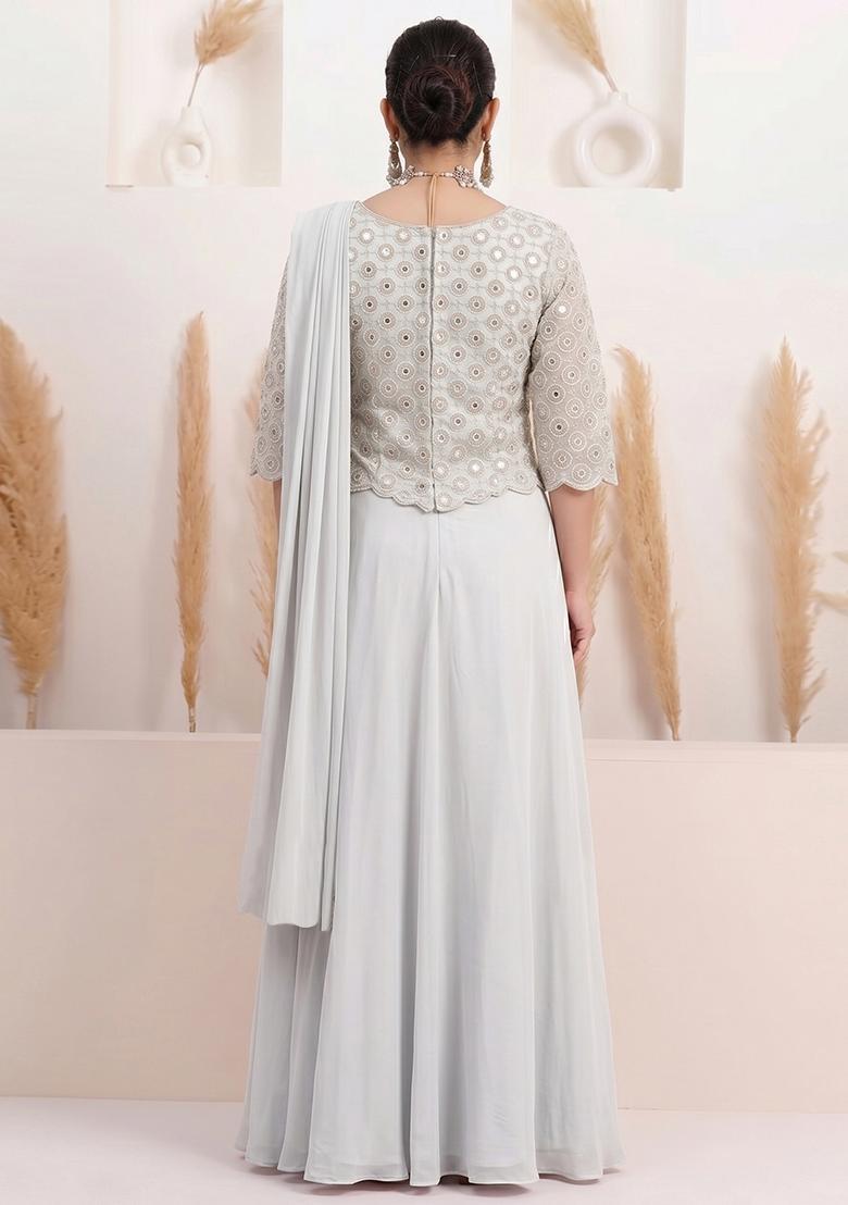 Grey Sequin Georgette Lehenga Set - Indya