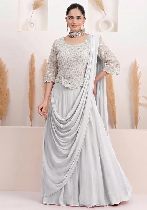 Grey Sequin Georgette Lehenga Set