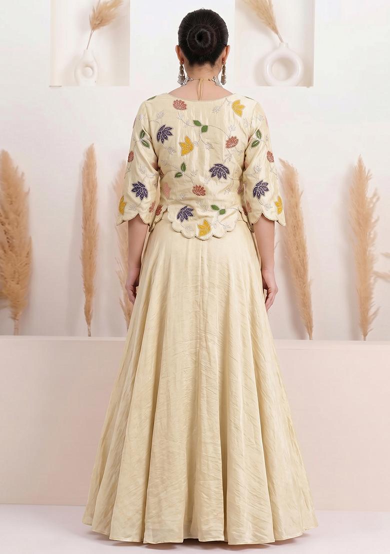 Cream Printed Silk Blend Lehenga Set - Indya