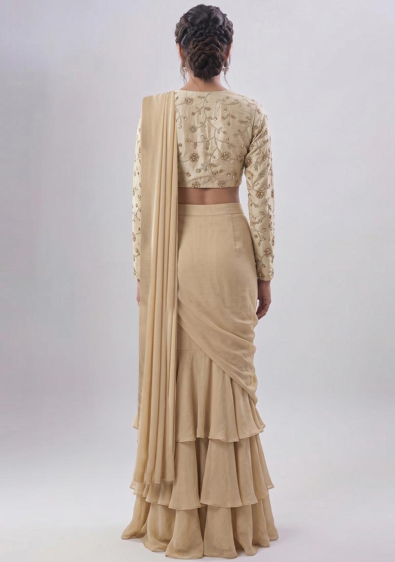 Sand Beige Embroidered Cosmos Pre Draped Saree Set - Indya
