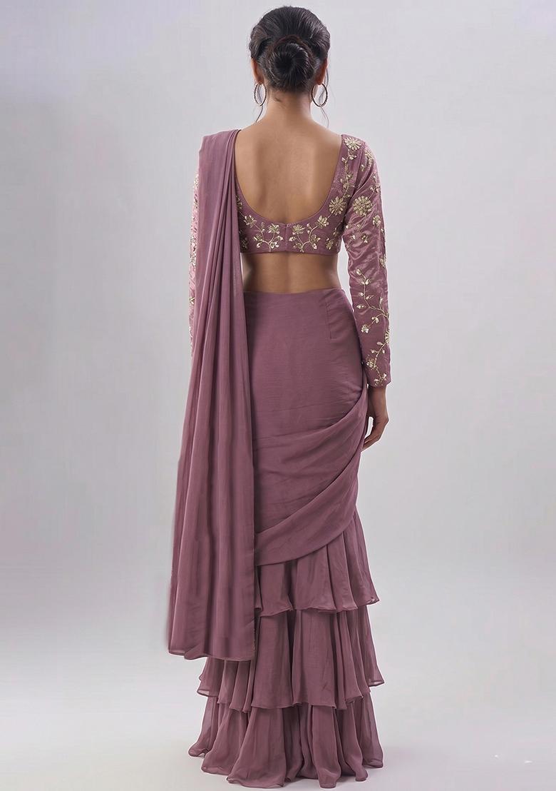 Mauve Embroidered Pre Draped Saree Set - Indya
