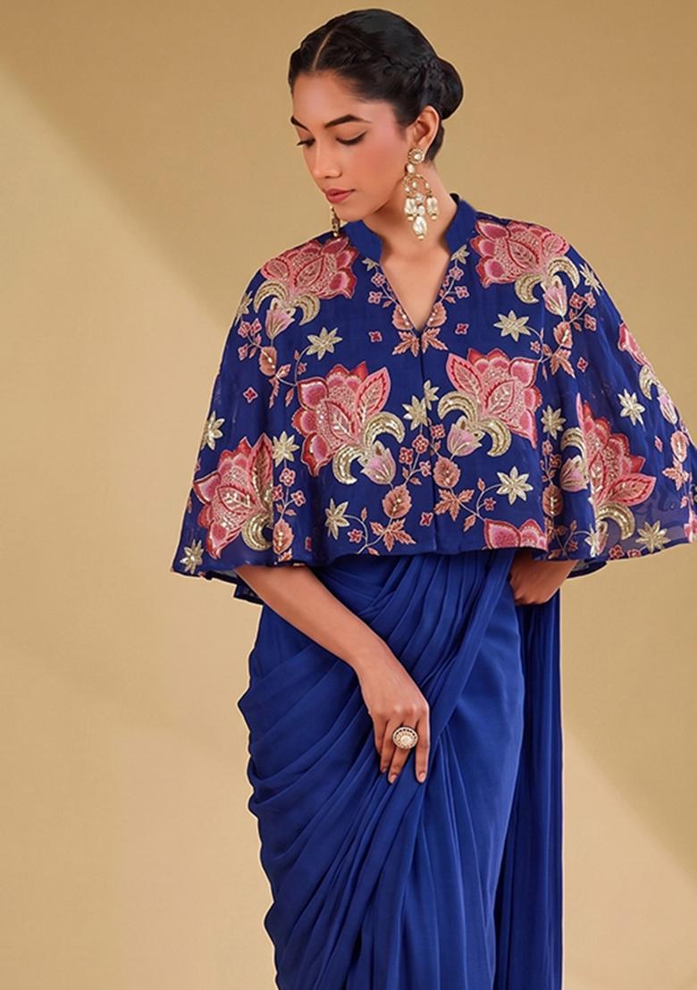 Royal Blue Sequin Tissue Pre Draped Saree Set - Indya