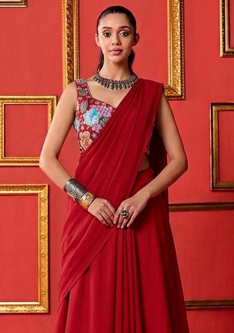 Red Printed Crepe Pre Draped Saree Set - Indya