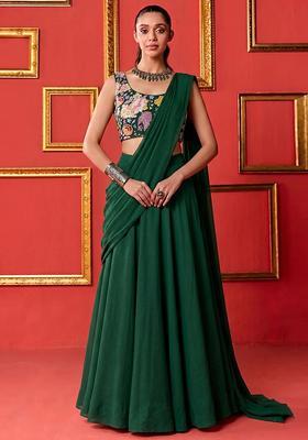 Bottle Green Printed Crepe Pre Draped Saree Set