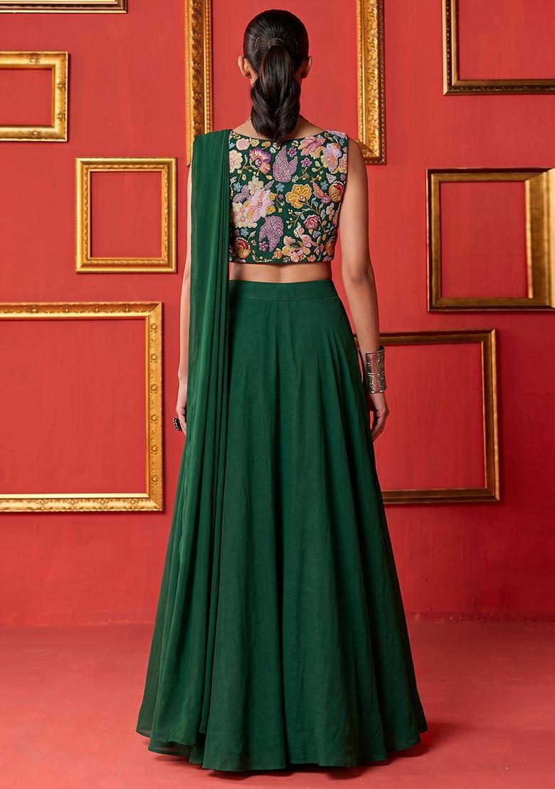 Bottle Green Printed Crepe Pre Draped Saree Set - Indya