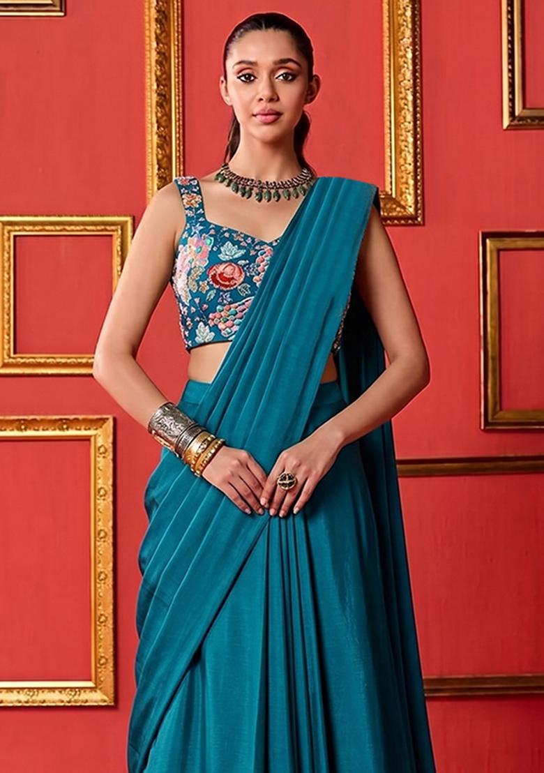 Teal Blue Printed Crepe Pre Draped Saree Set - Indya