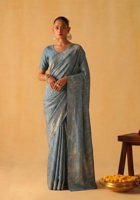Steel Blue Embroidered Crepe Pre Draped Saree Set