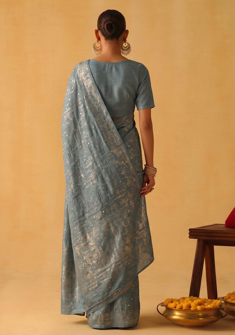 Steel Blue Embroidered Crepe Pre Draped Saree Set - Indya