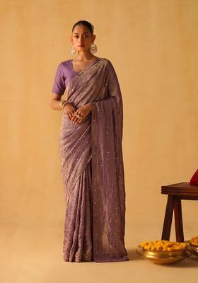 Mauve Embroidered Crepe Pre Draped Saree Set