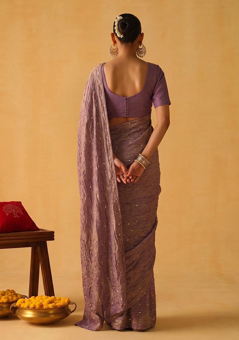 Mauve Embroidered Crepe Pre Draped Saree Set - Indya