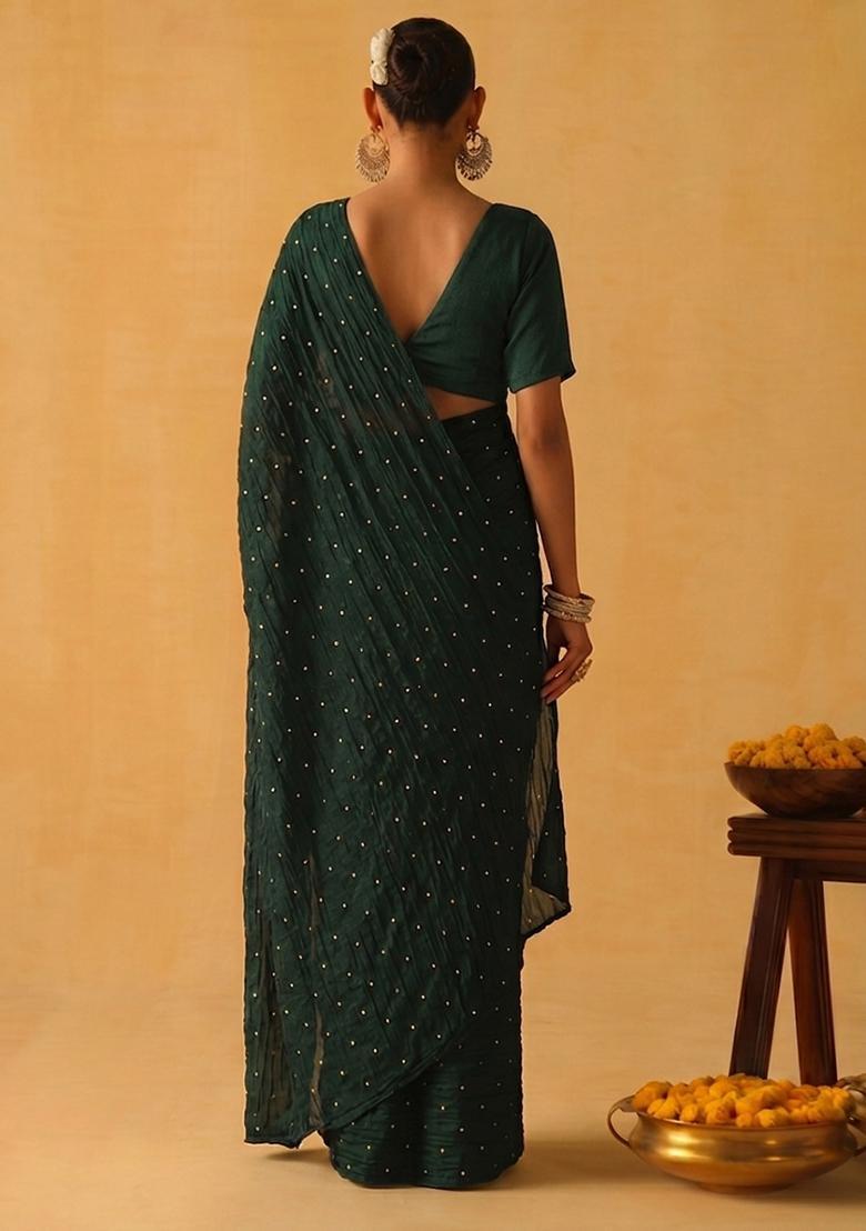 Dark Green Embroidered Crepe Pre Draped Saree Set - Indya