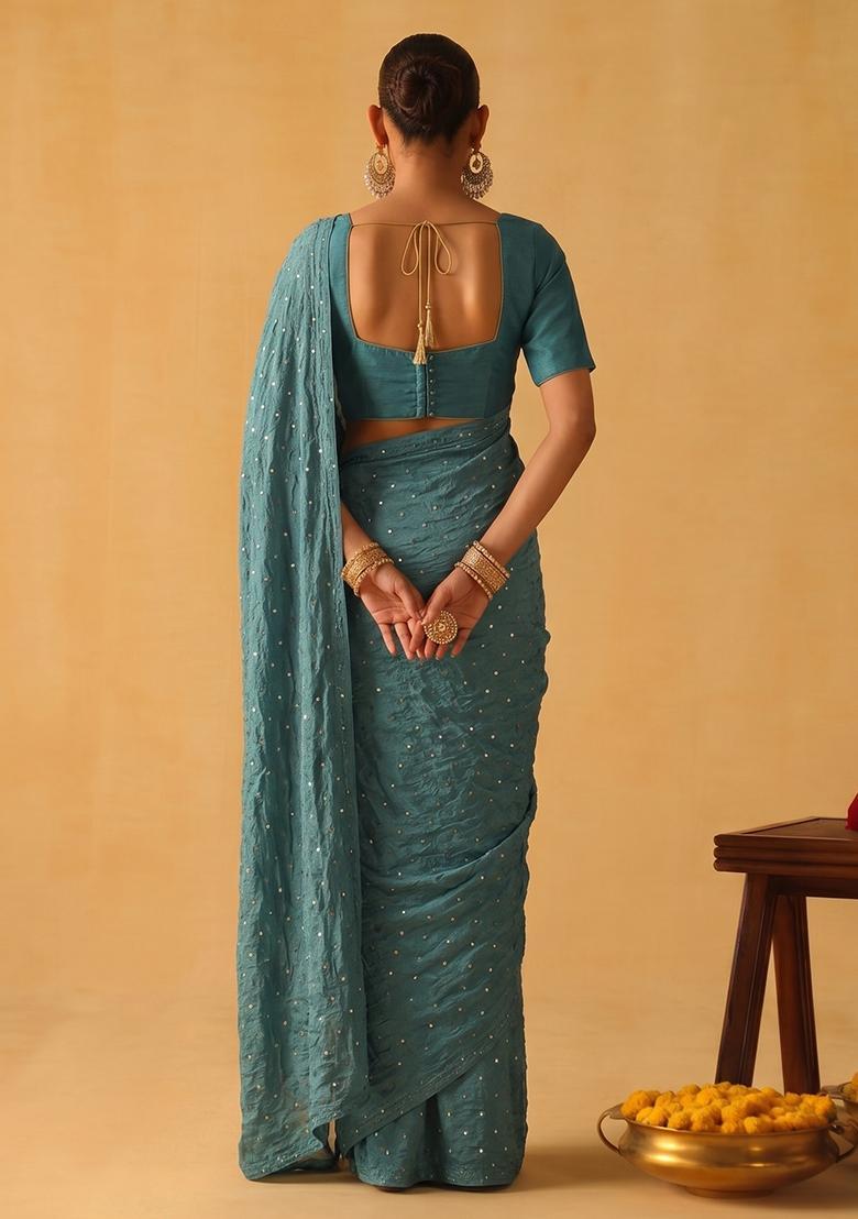 Steel Blue Embroidered Crepe Pre Draped Saree Set - Indya