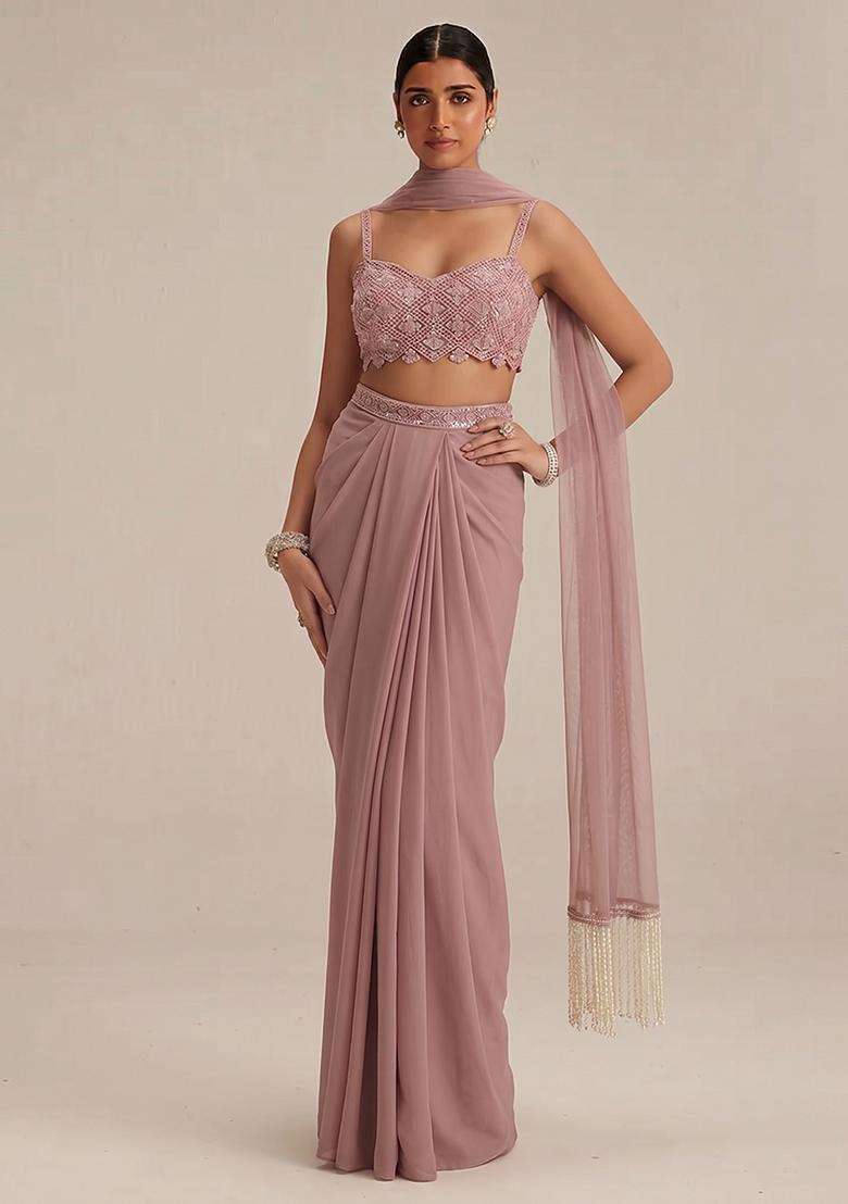 Mauve Embroidered Net Fusion Set - Indya