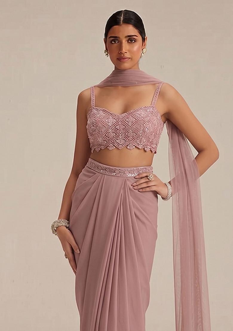 Mauve Embroidered Net Fusion Set - Indya