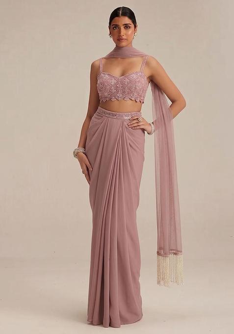 Mauve Embroidered Net Fusion Set