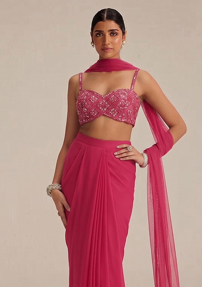 Pink Embroidered Net Fusion Set - Indya
