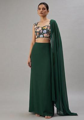 Dark Green Embroidered Crepe Lehenga Set