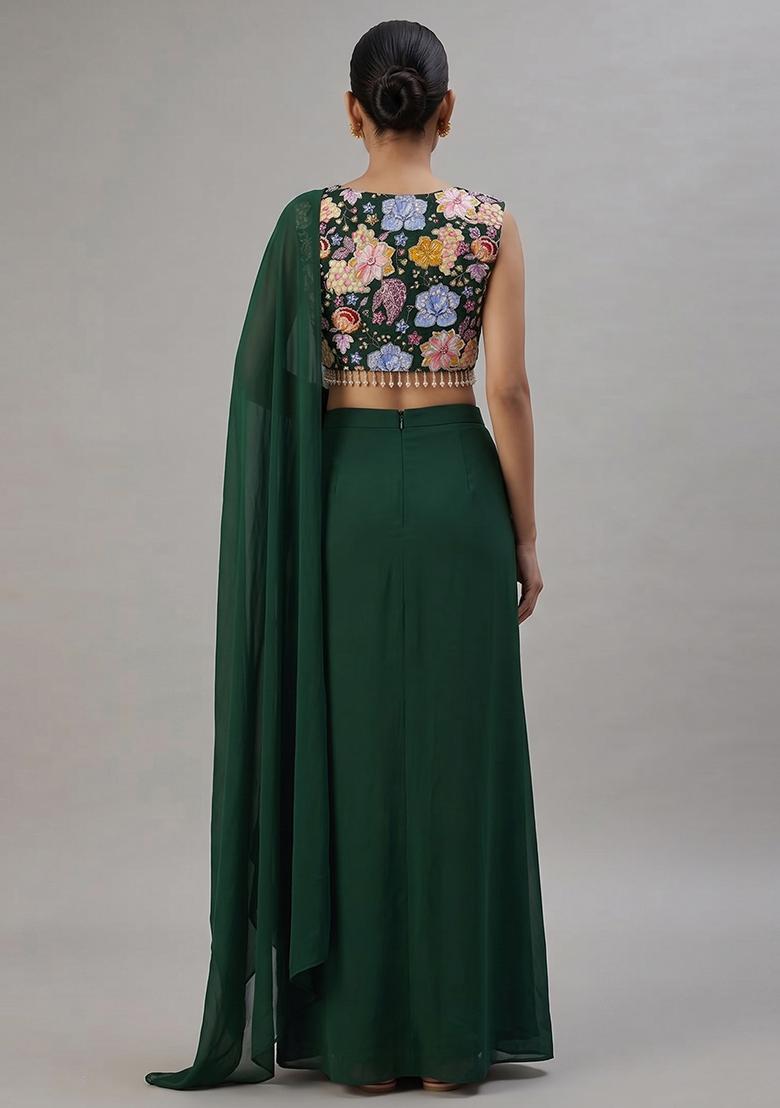 Dark Green Embroidered Crepe Lehenga Set - Indya