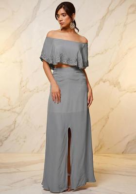 Grey Embroidered Handwork Fusion Set