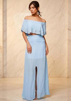 Ice Blue Embroidered Handwork Fusion Set