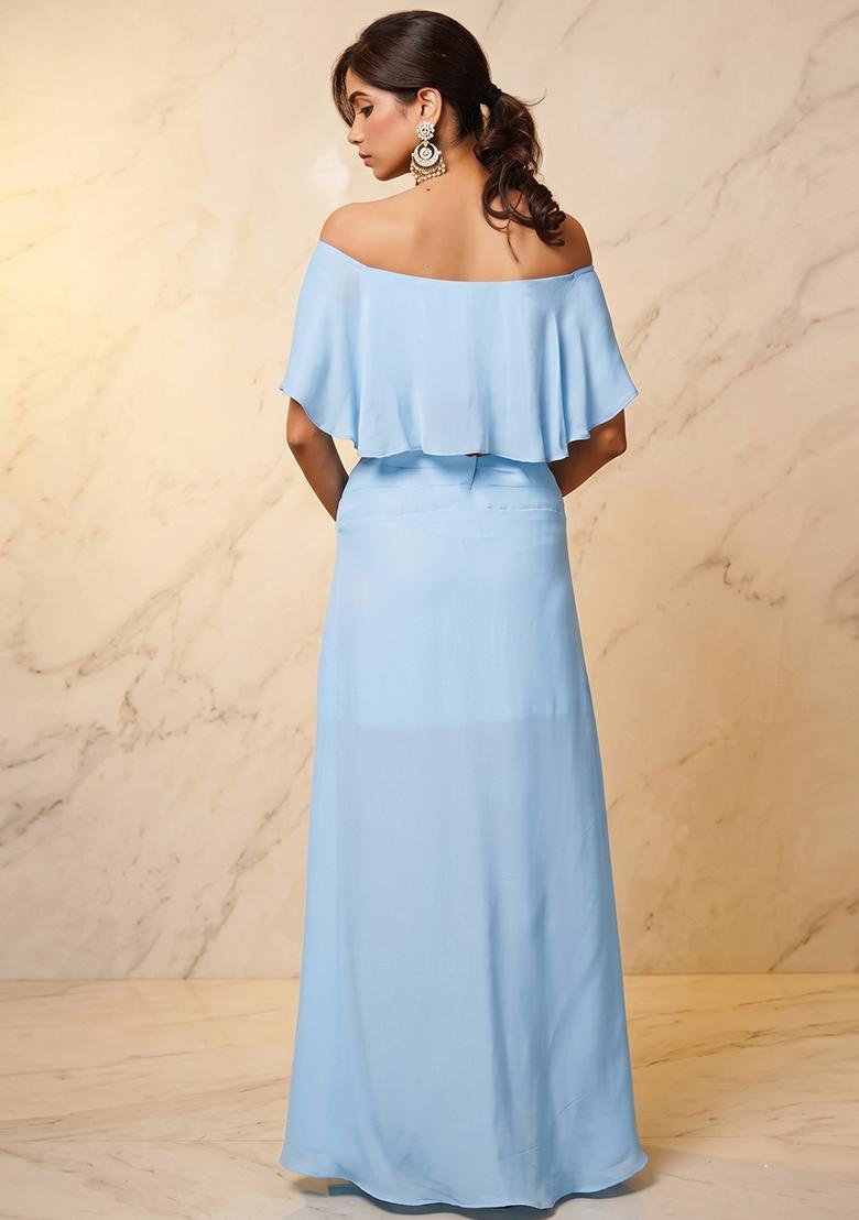 Ice Blue Embroidered Handwork Fusion Set - Indya