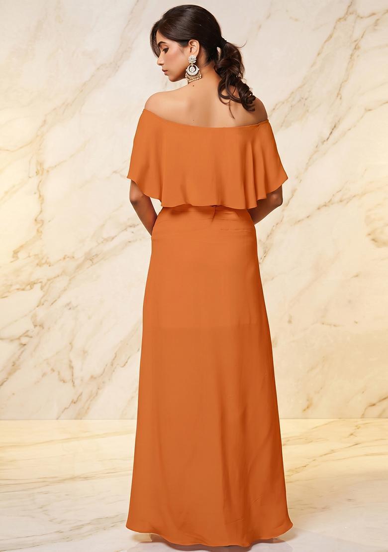 Orange Embroidered Handwork Fusion Set - Indya