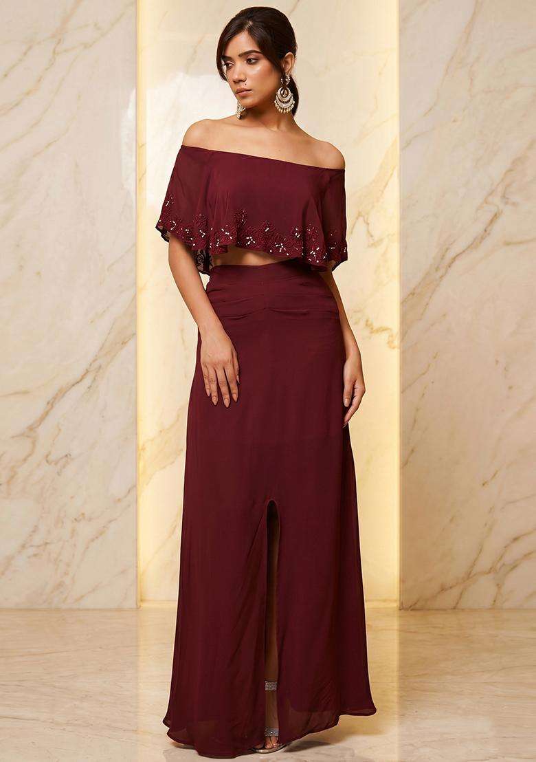 Wine Embroidered Handwork Fusion Set - Indya