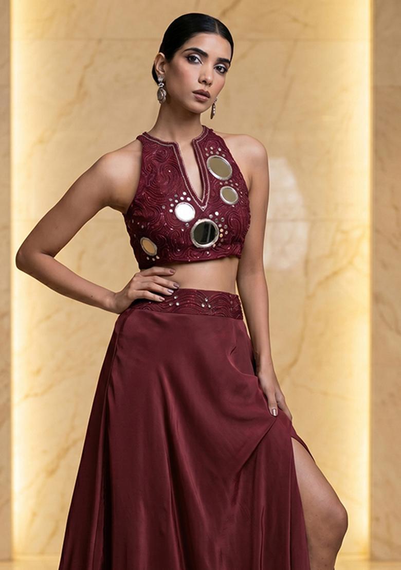 Wine Embroidered Handwork Fusion Set - Indya