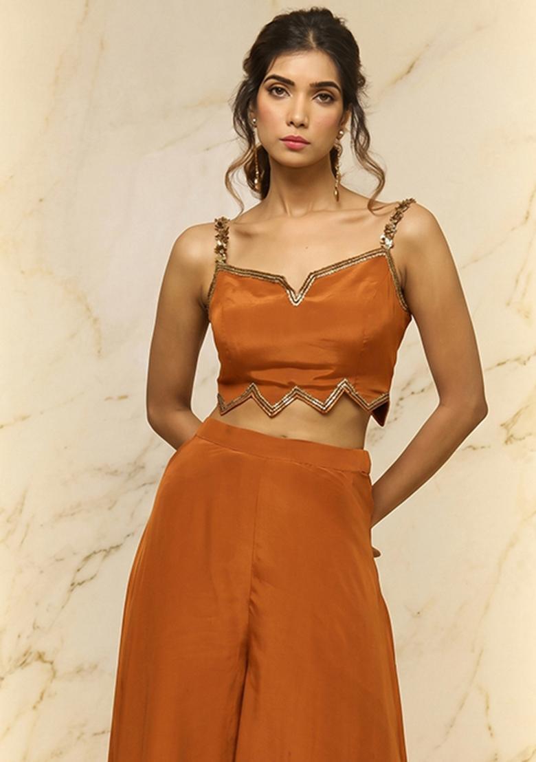 Orange Embroidered Handwork Fusion Set - Indya