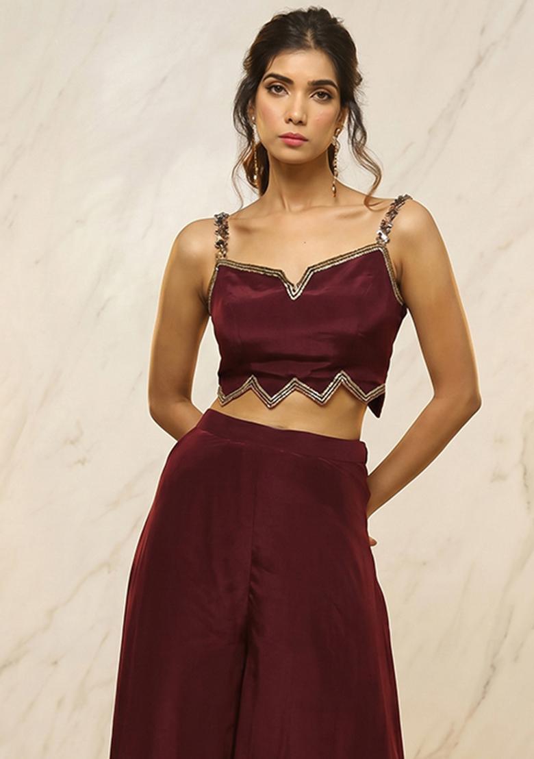 Wine Embroidered Handwork Fusion Set - Indya