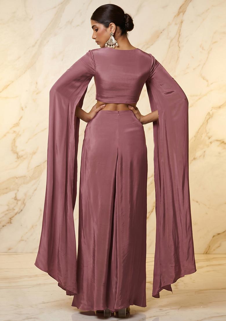 Mauve Embroidered Handwork Fusion Set - Indya