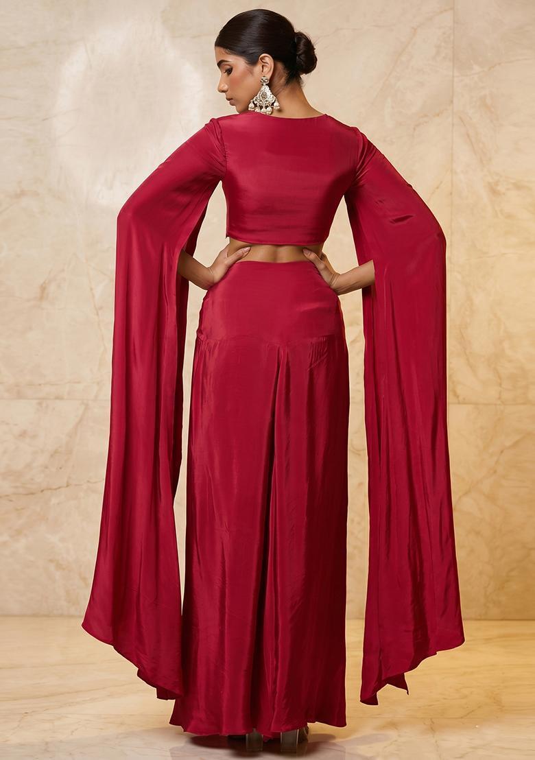 Red Embroidered Handwork Fusion Set - Indya
