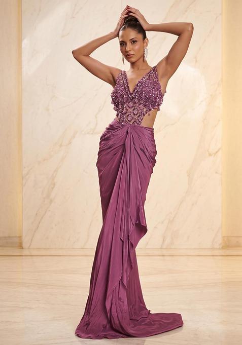 Mauve Embroidered Handwork Fusion Set