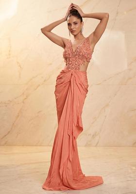 Peach Embroidered Handwork Fusion Set