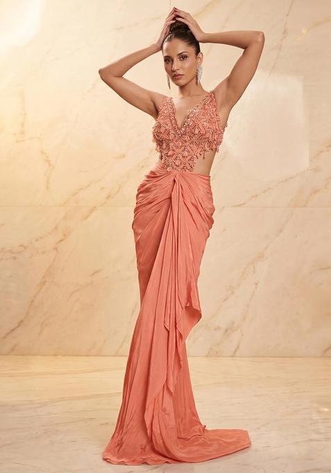 Peach Embroidered Handwork Fusion Set