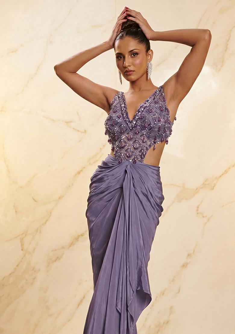 Purple Embroidered Handwork Fusion Set - Indya