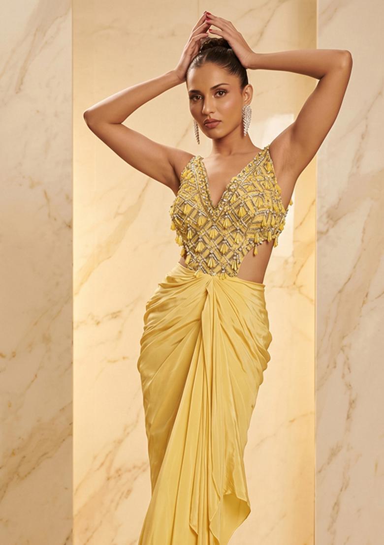 Yellow Embroidered Handwork Fusion Set - Indya