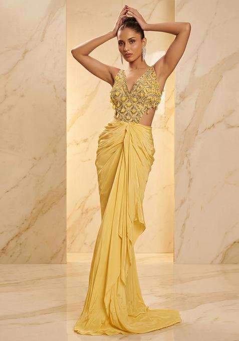 Yellow Embroidered Handwork Fusion Set