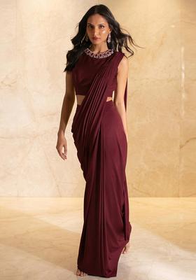 Wine Embroidered Handwork Pre Draped Saree Set