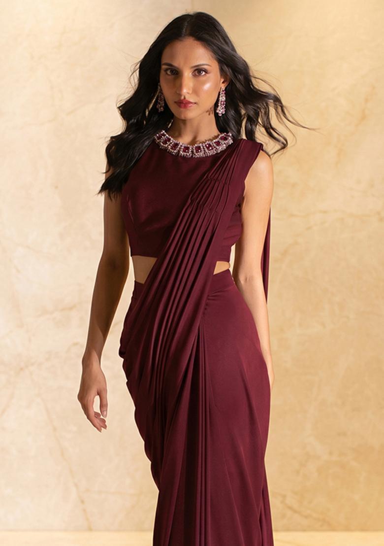 Wine Embroidered Handwork Pre Draped Saree Set - Indya