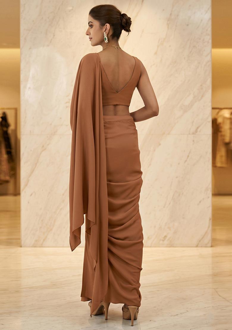 Beige Embroidered Handwork Pre Draped Saree Set - Indya
