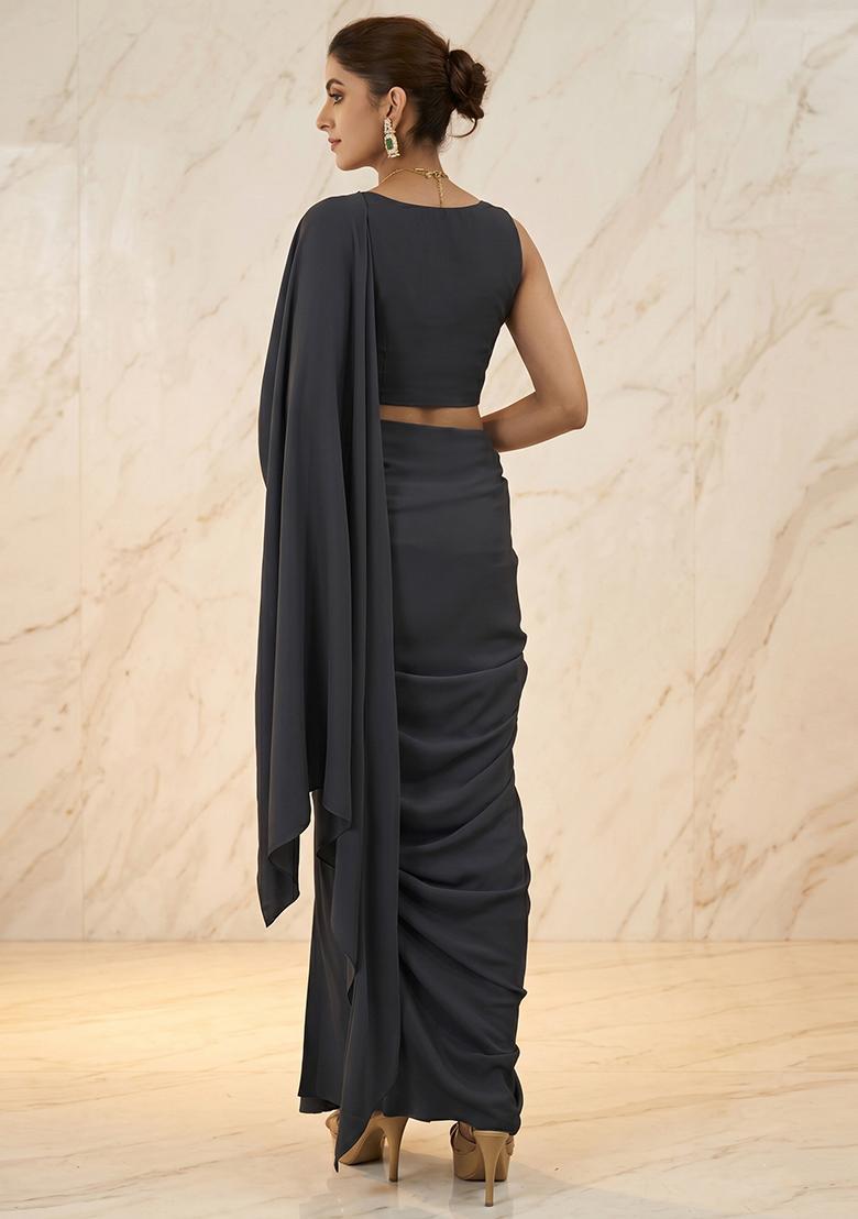 Black Embroidered Handwork Pre Draped Saree Set - Indya