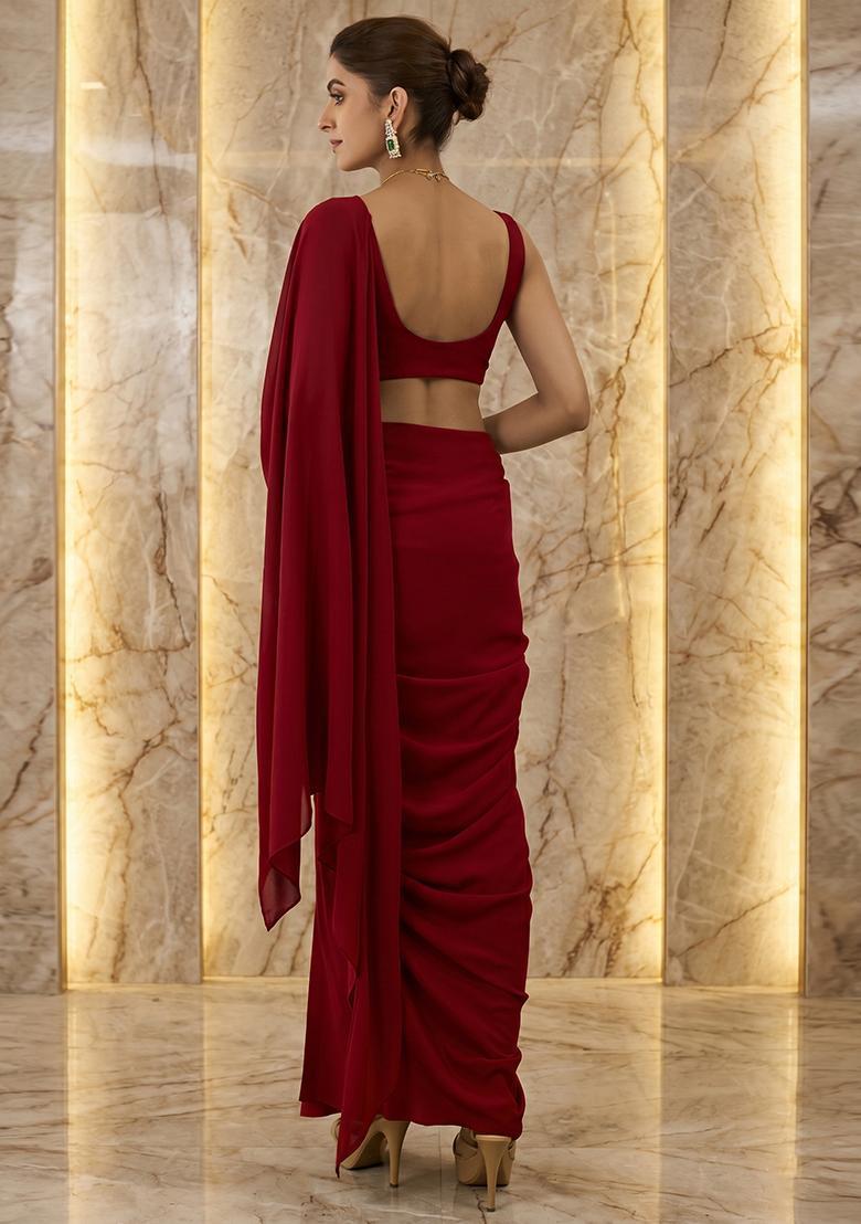 Red Embroidered Handwork Pre Draped Saree Set - Indya