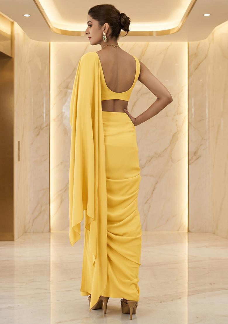 Yellow Embroidered Handwork Pre Draped Saree Set - Indya