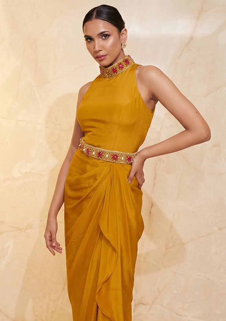 Mustard Yellow Embroidered Handwork Fusion Set - Indya