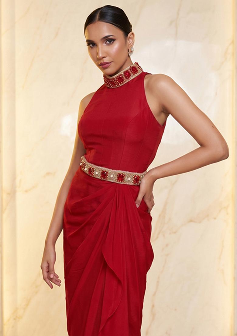 Red Embroidered Handwork Fusion Set - Indya